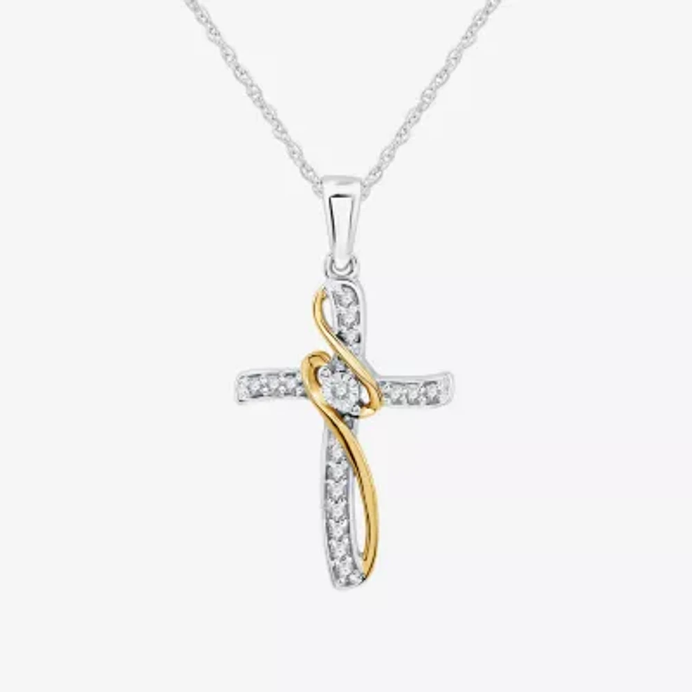 Womens 1/10 CT. T.W. Lab Grown White Diamond 10K Two Tone Gold Cross Pendant Necklace