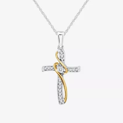 Womens 1/10 CT. T.W. Lab Grown White Diamond 10K Two Tone Gold Cross Pendant Necklace