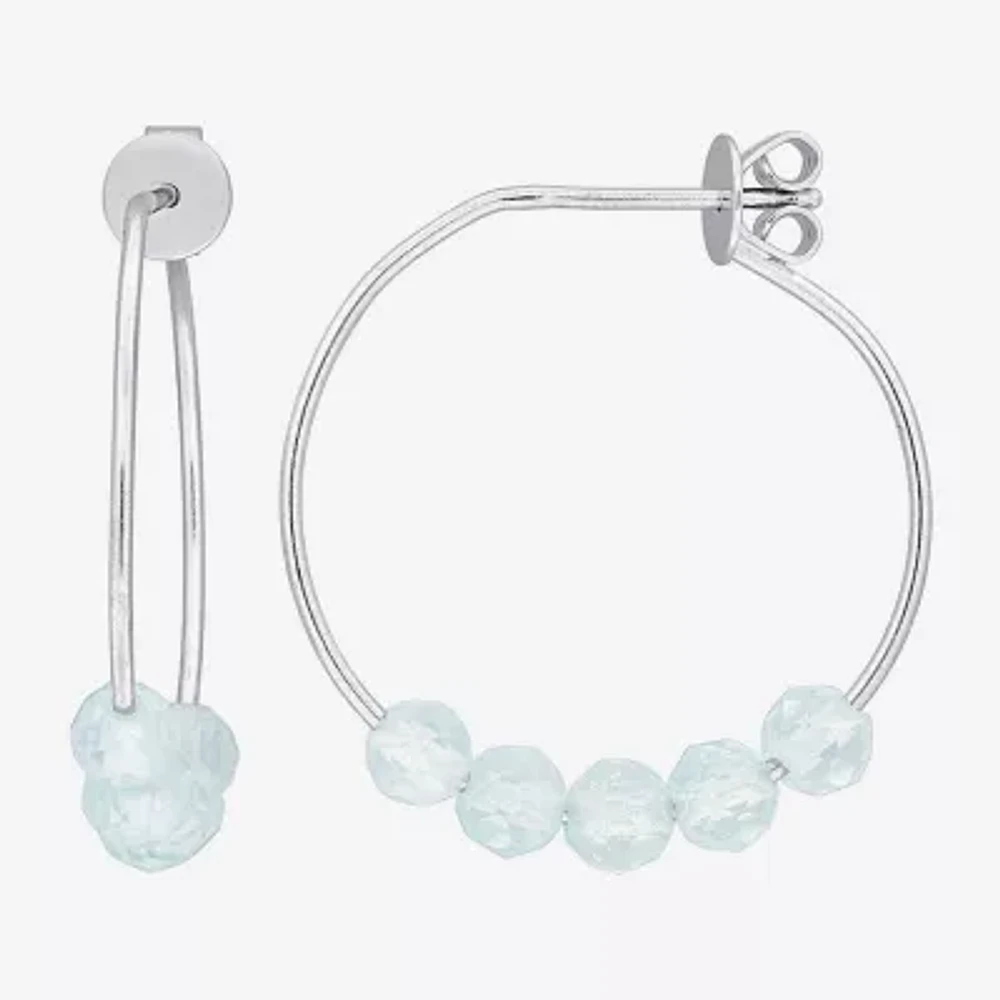 Genuine Blue Aquamarine Sterling Silver 26mm Hoop Earrings