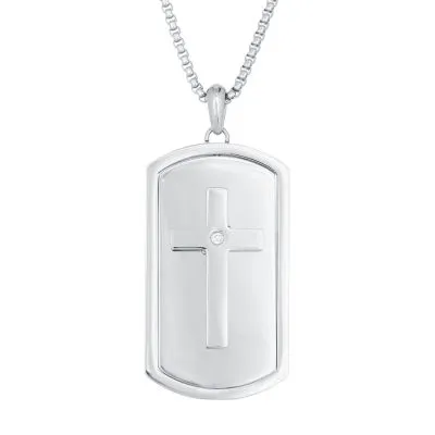 Mens White Cubic Zirconia Stainless Steel Cross Dog Tag Pendant Necklace