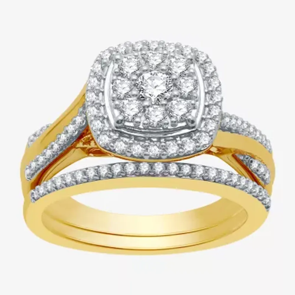 I Said Yes (H-I / I1) Womens 3/4 CT. T.W. Lab Grown White Diamond 14K Gold Over Silver Cushion Side Stone Halo Bridal Set