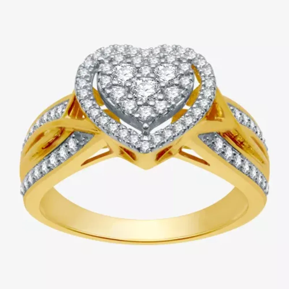I Said Yes (H-I / I1) Womens 1/2 CT. T.W. Lab Grown White Diamond 14K Gold Over Silver Sterling Heart Side Stone Halo Engagement Ring