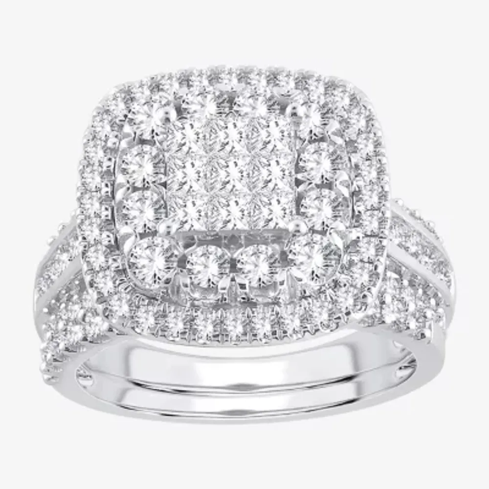 Womens 2 CT.T.W. Natural Diamond 10K or 14K White Gold Cushion Halo Bridal Set