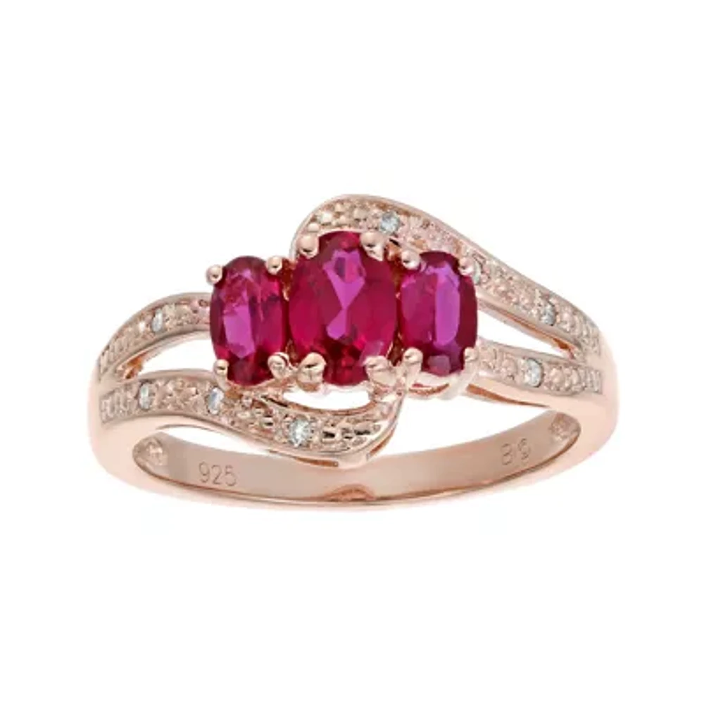 Lab-Created Ruby and Genuine White Topaz Rose-Tone Sterling Silver 3-Stone Ring