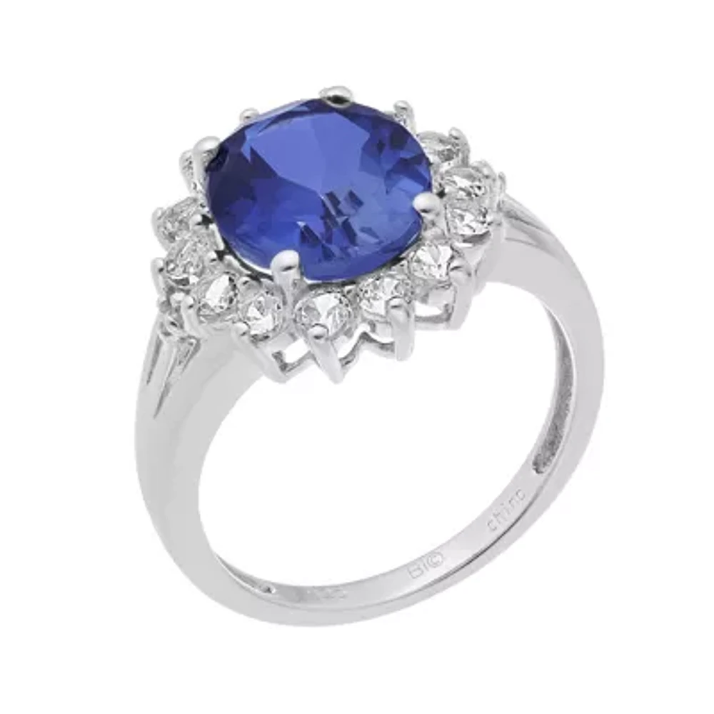 Lab-Created Blue and White Sapphire Sterling Silver Starburst Ring