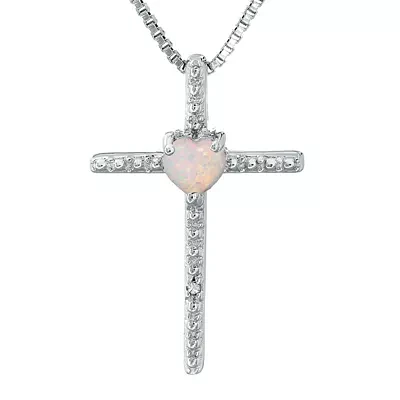 Lab-Created Opal and Diamond-Accent Sterling Silver Cross and Heart Pendant Necklace