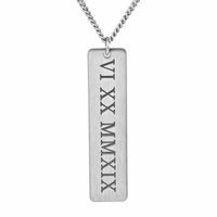 Personalized Brushed Roman Numeral Date Engraved Vertical Bar Pendant Necklace