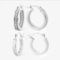 Sterling Silver Glitter and Polished Hoops 2 Piece Earrings Set