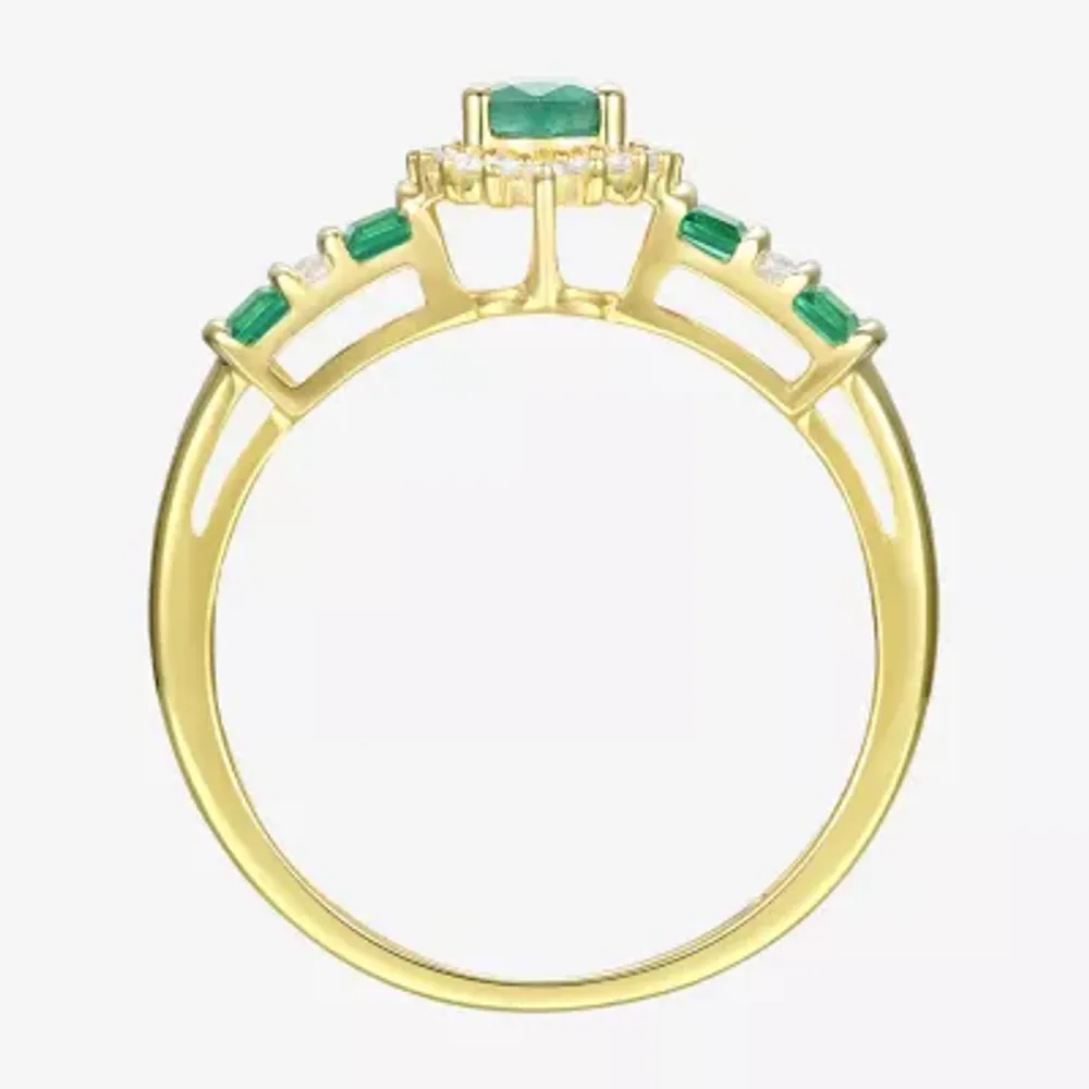 Womens 1/10 CT. T.W. Diamond & Genuine Green Emerald 10K Gold Oval Cocktail Ring