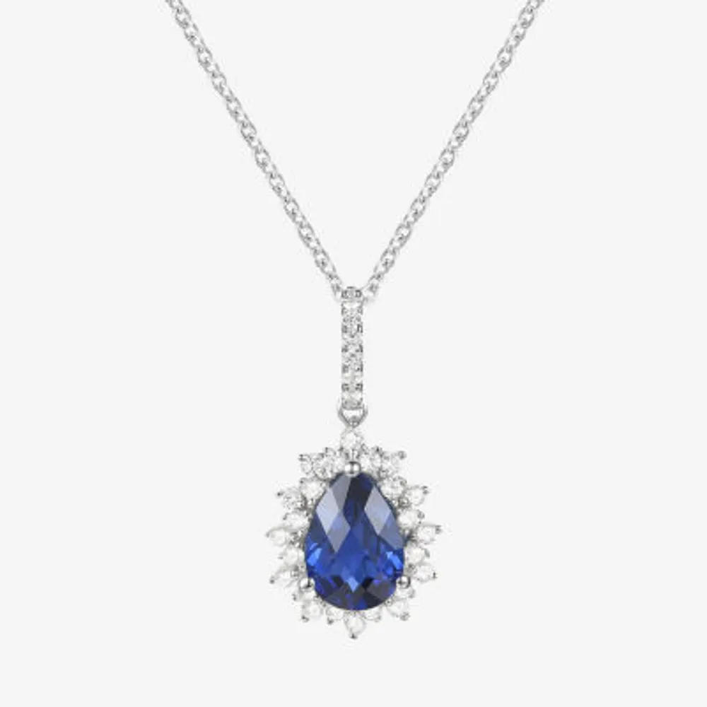 Womens Genuine Blue Sapphire & 1/6 CT. T.W. Diamond 10K White Gold Pear Pendant Necklace