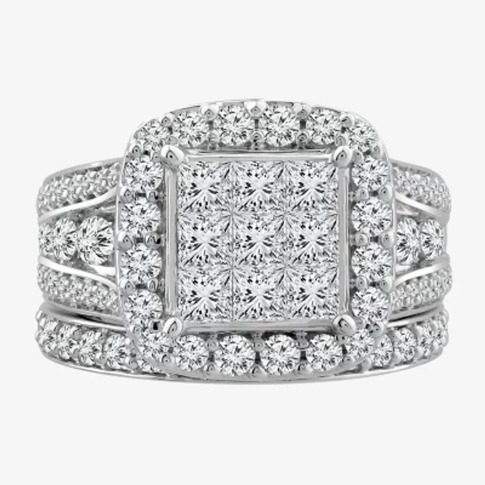 Womens 3 CT. T.W. Genuine White Diamond 10K White Gold Cushion Side Stone Halo Bridal Set