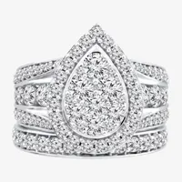 Womens CT. T.W. Natural White Diamond 10K White Gold Pear Side Stone Halo Bridal Set