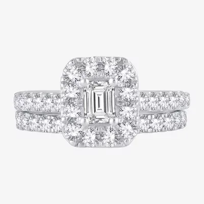 Womens 2 CT. T.W. Natural White Diamond 10K White Gold Halo Bridal Set