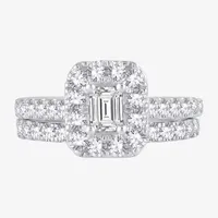 Womens 2 CT. T.W. Natural White Diamond 10K White Gold Halo Bridal Set