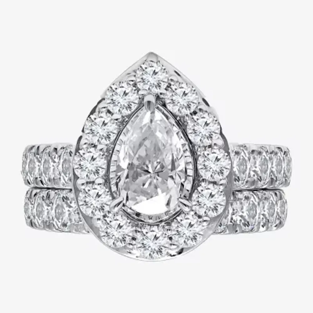 Signature By Modern Bride (H-I / I1) Womens 4 CT. T.W. Lab Grown White Diamond 10K Gold Pear Side Stone Halo Bridal Set