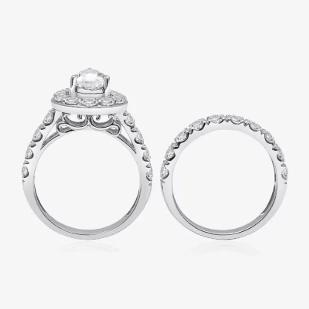 Signature By Modern Bride (H-I / I1) Womens 4 CT. T.W. Lab Grown White Diamond 10K Gold Pear Side Stone Halo Bridal Set