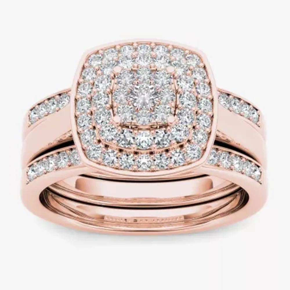 Womens 1/ CT. T.W. Natural White Diamond 10K Rose Gold Cushion Side Stone Halo Bridal Set