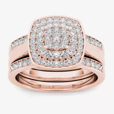 Womens 1/ CT. T.W. Natural White Diamond 10K Rose Gold Cushion Side Stone Halo Bridal Set