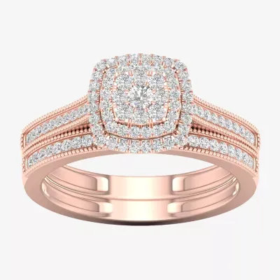 Womens 1/3 CT. T.W. Natural White Diamond 10K Rose Gold Cushion Halo Bridal Set