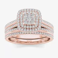 Womens 1/ CT. T.W. Natural White Diamond 10K Rose Gold Cushion Side Stone Halo Bridal Set