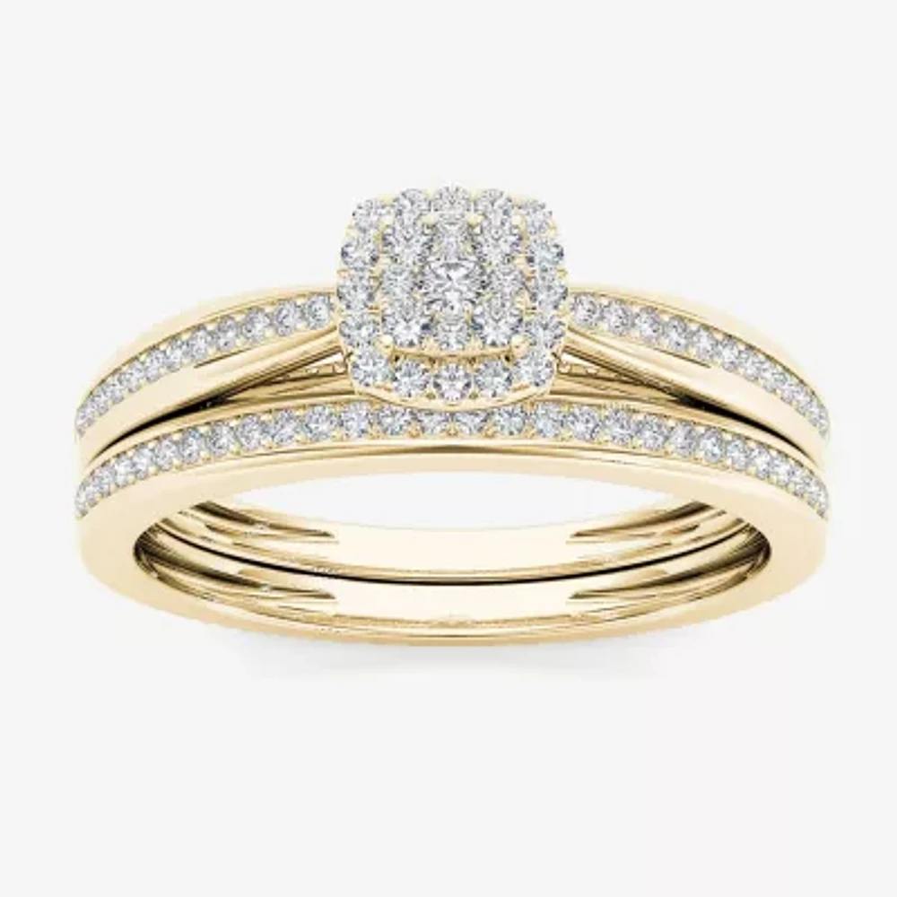 Womens 1/4 CT. T.W. Natural White Diamond 10K Gold Cushion Side Stone Halo Bridal Set