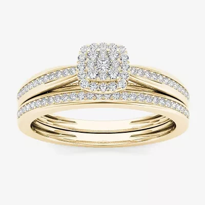 Womens 1/4 CT. T.W. Natural White Diamond 10K Gold Cushion Side Stone Halo Bridal Set