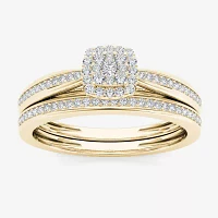 Womens 1/4 CT. T.W. Natural White Diamond 10K Gold Cushion Side Stone Halo Bridal Set