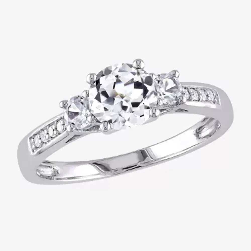 Modern Bride Gemstone Womens Diamond Accent Lab Created White Sapphire 10K Gold Round 3-Stone Engagement Ring