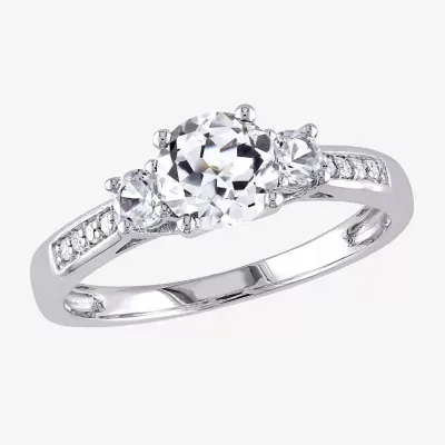 Modern Bride Gemstone Womens Diamond Accent Lab Created White Sapphire 10K Gold Round 3-Stone Engagement Ring