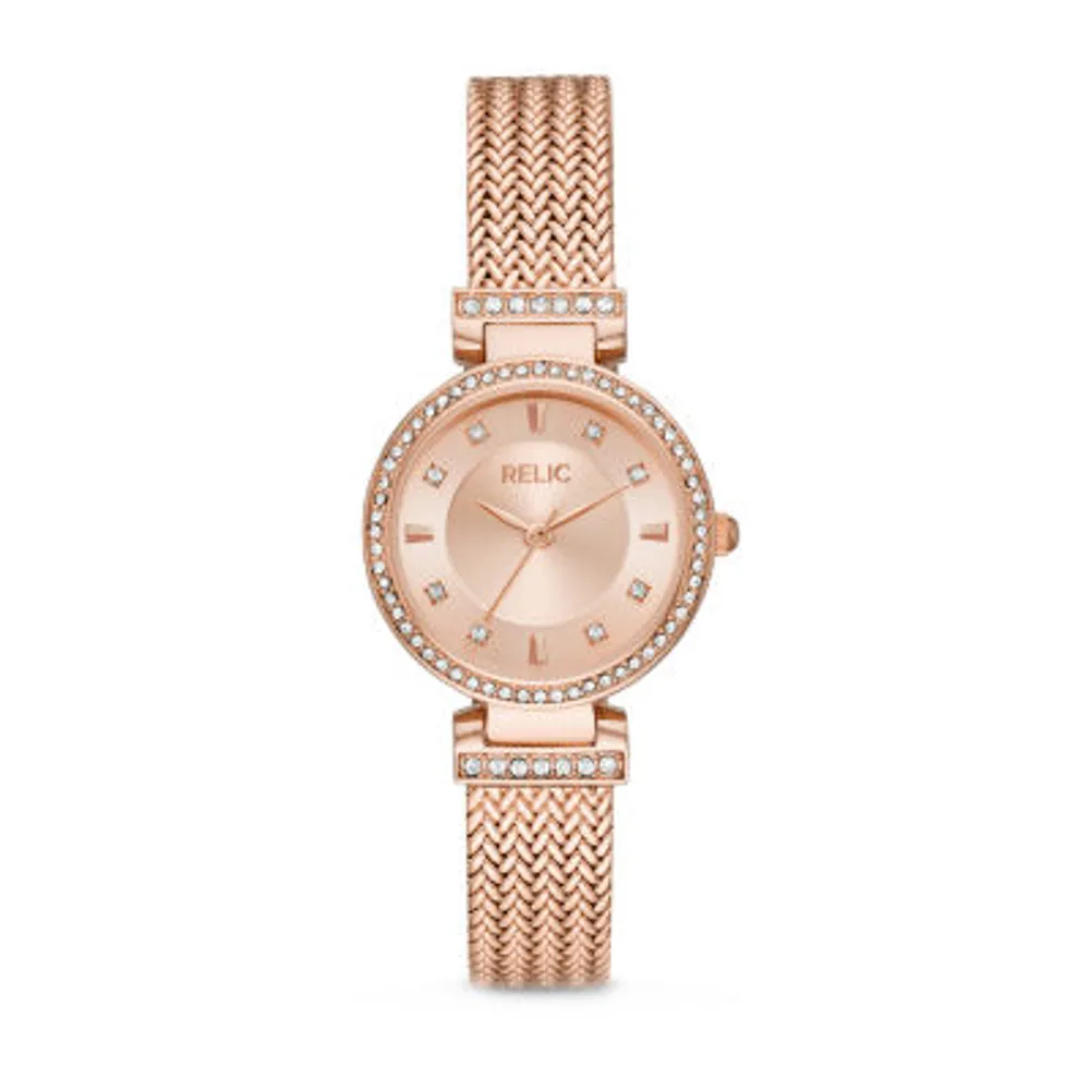 Relic By Fossil Savannah Womens Crystal Accent Rose Goldtone Stainless Steel Bracelet Watch Zr34577