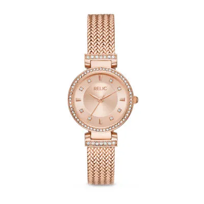 Relic By Fossil Savannah Womens Crystal Accent Rose Goldtone Stainless Steel Bracelet Watch Zr34577