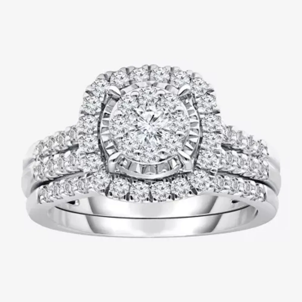 (J / I1) Womens 1 CT. T.W. Lab Grown White Diamond 10K or 14K Gold Cushion Side Stone Halo Bridal Set