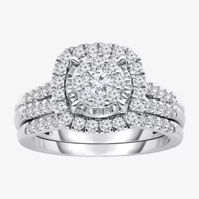 (J / I1) Womens 1 CT. T.W. Lab Grown White Diamond 10K or 14K Gold Cushion Side Stone Halo Bridal Set