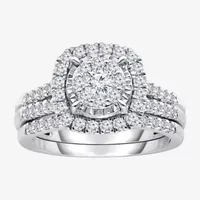 (J / I1) Womens 1 CT. T.W. Lab Grown White Diamond 10K or 14K Gold Cushion Side Stone Halo Bridal Set