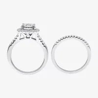 (J / I1) Womens 1 CT. T.W. Lab Grown White Diamond 10K or 14K Gold Cushion Side Stone Halo Bridal Set