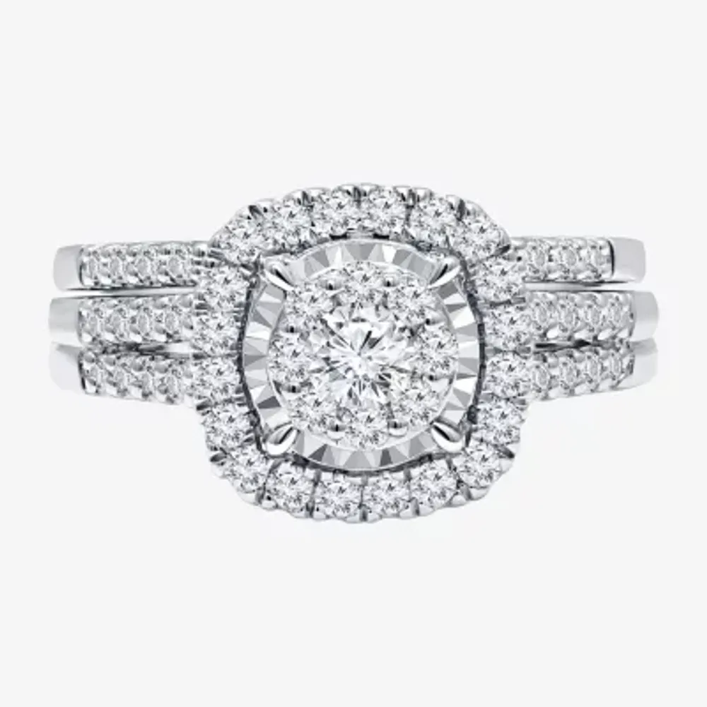 (J / I1) Womens 1 CT. T.W. Lab Grown White Diamond 10K or 14K Gold Cushion Side Stone Halo Bridal Set