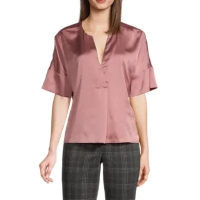 Worthington Womens Y Neck Elbow Sleeve Blouse