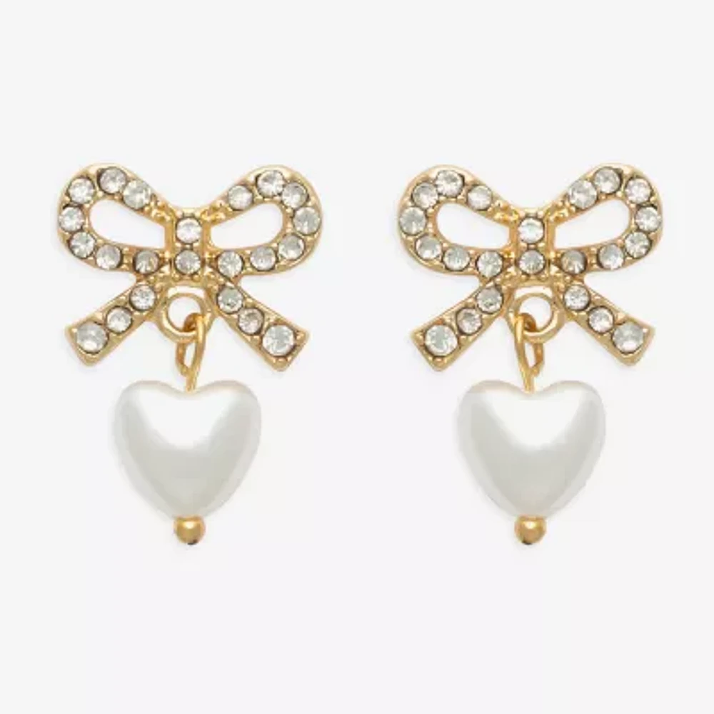 Mixit Gold Tone Glass Simulated Pearl Bow Heart Drop Earrings