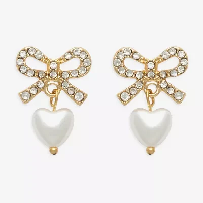 Mixit Hypoallergenic Gold Tone Glass Simulated Pearl Bow Heart Drop Earrings