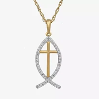 Christian Ichthys Fish Womens Lab Created White Sapphire 14K Gold Over Silver Cross Pendant Necklace