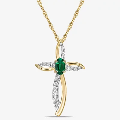 Womens 1/10 CT. T.W. Lab Created Green Emerald 10K Gold Cross Pendant Necklace