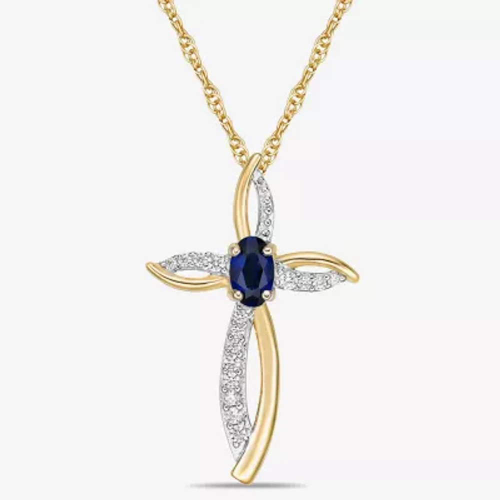 Womens 1/10 CT. T.W. Lab Created Blue Sapphire 10K Gold Cross Round Pendant Necklace