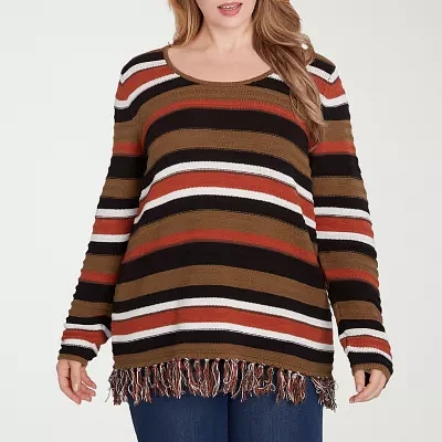 Hearts Of Palm Plus Womens Round Neck Long Sleeve Striped Pullover Sweater