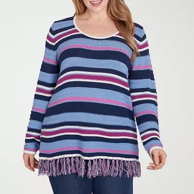 Hearts Of Palm Plus Womens Long Sleeve Striped Pullover Sweater