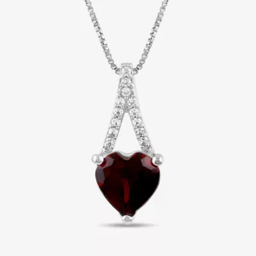 Womens Genuine Red Garnet Sterling Silver Heart Pendant Necklace