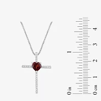 Womens Genuine Red Garnet Sterling Silver Cross Heart Pendant Necklace