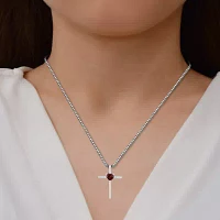 Womens Genuine Red Garnet Sterling Silver Cross Heart Pendant Necklace