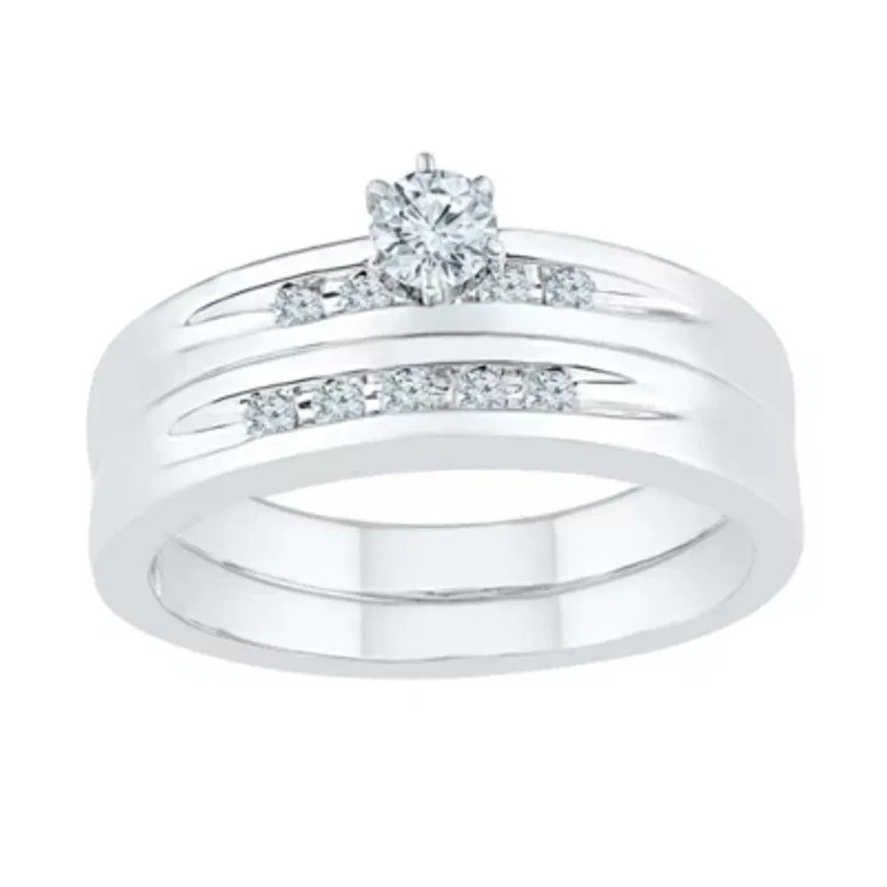 Womens 1/4 CT. T.W. Natural White Diamond Sterling Silver Round Side Stone Bridal Set