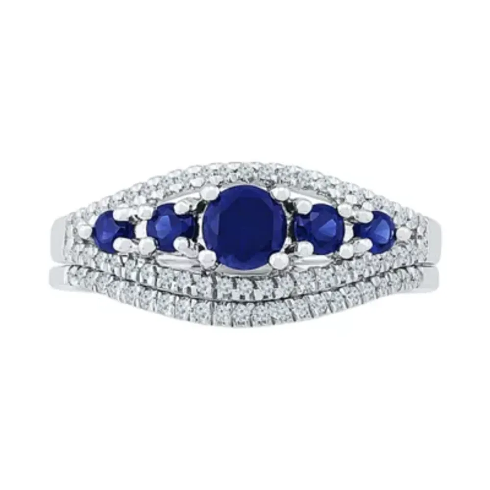 Modern Bride Gemstone Lab Created Sapphire & 1/4 CT. T.W. Diamond Sterling Silver Bridal Set