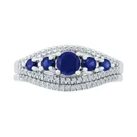 Modern Bride Gemstone Lab Created Sapphire & 1/4 CT. T.W. Diamond Sterling Silver Bridal Set